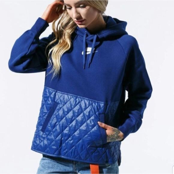 Nike NSW Embroidered Fleece Quilted‎ Hoodie Sweatshirt Blue Medium CJ6253-492 - Picture 3 of 8